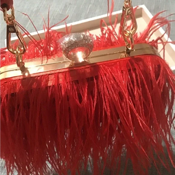 GORGEOUS GORGEOUS Red Ostrich Feather evening bag.Brand New See All Pics.🌹🍄🌹 - Picture 2 of 13